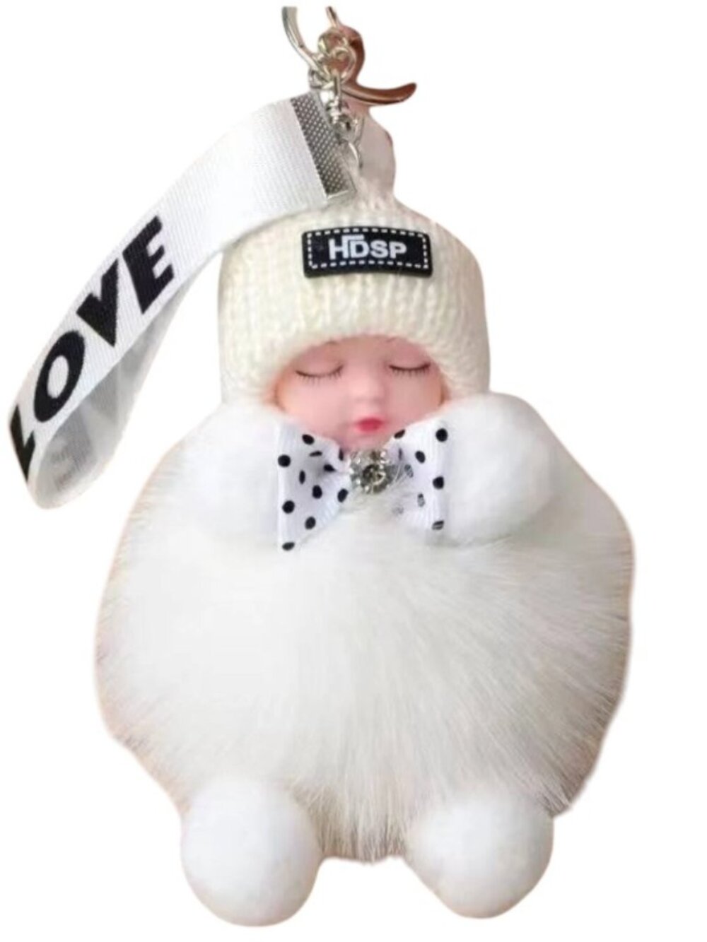 🔥Adorable Sleeping Baby Fluffy Fur White Pom Pom Charm Keychain Cute Gift - Picture 7 of 7